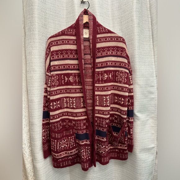 Billabong | Long Open Front Knit Cardigan Burgundy Aztec Pattern | XL - Picture 3 of 7